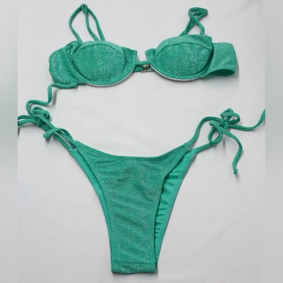 Green Sparkle Underwire Tie Side Bikini Set - Picture 7 of 12